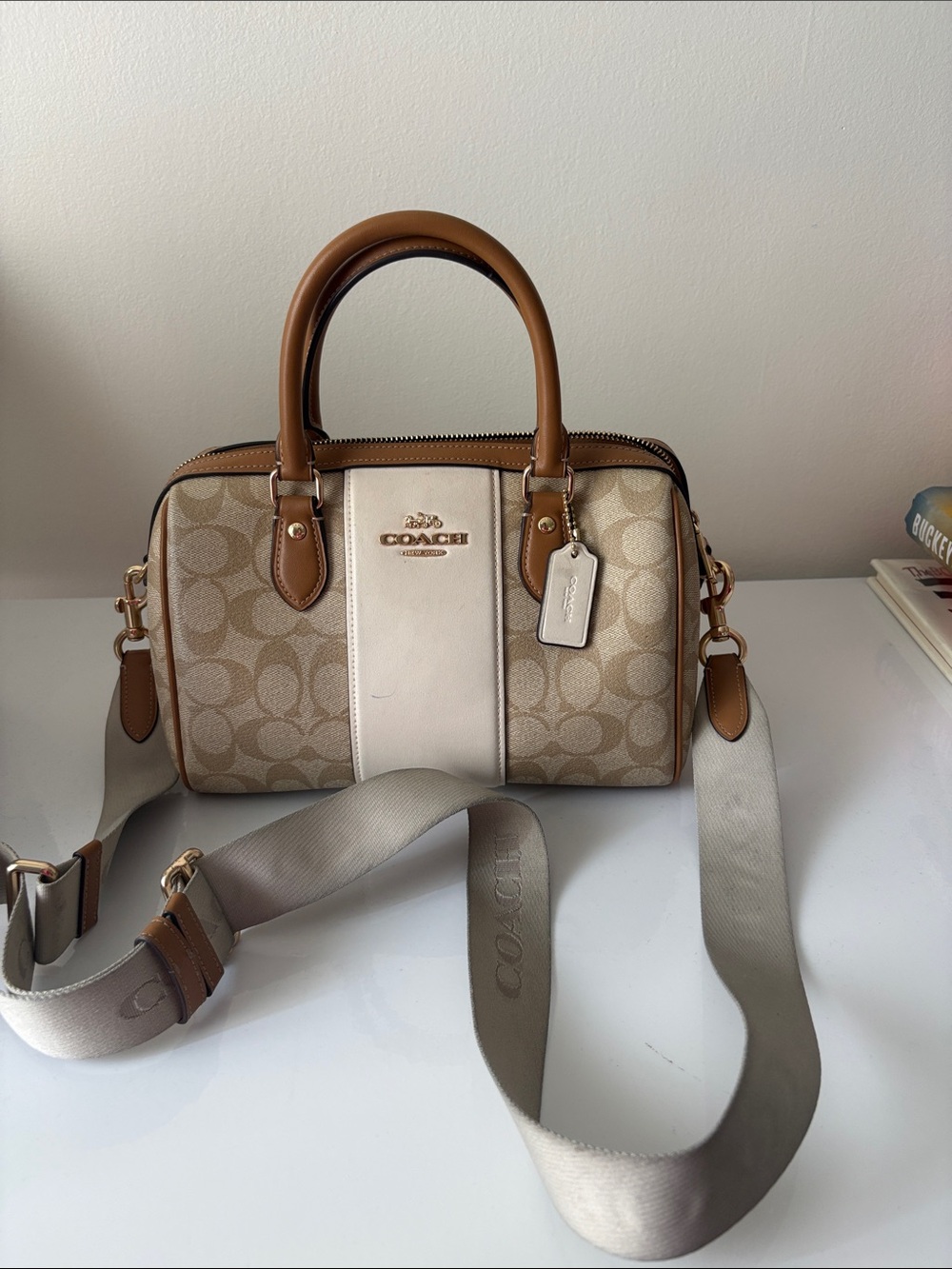 Coach Beige and Tan Signature Stripe Satchel with Removable Strap